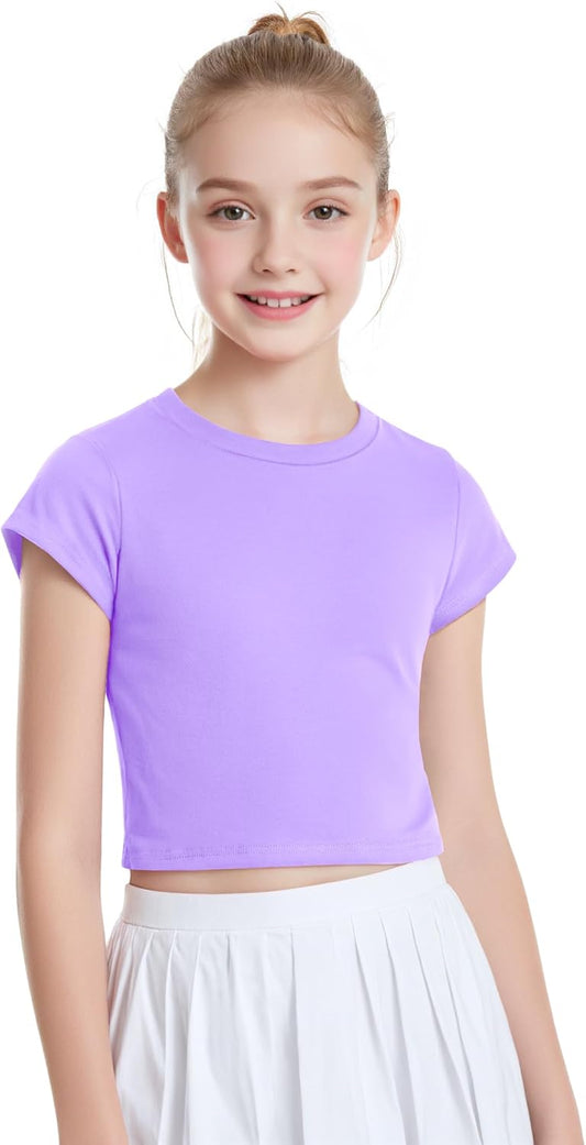 Auranso Girls Crop Tops Summer Short Sleeve Round Neck T Shirts Basic Tee for Kids
