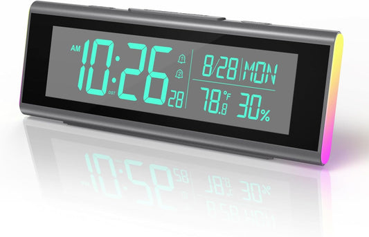 Digital Alarm Clocks for Bedrooms, LED Desk Clock with RGB Night Light, Brightness Dimmer, Date, Week, Temperature Large Display, Modern Decor for Desk, Office, Gift for Kids, Teen, Adults (Black)