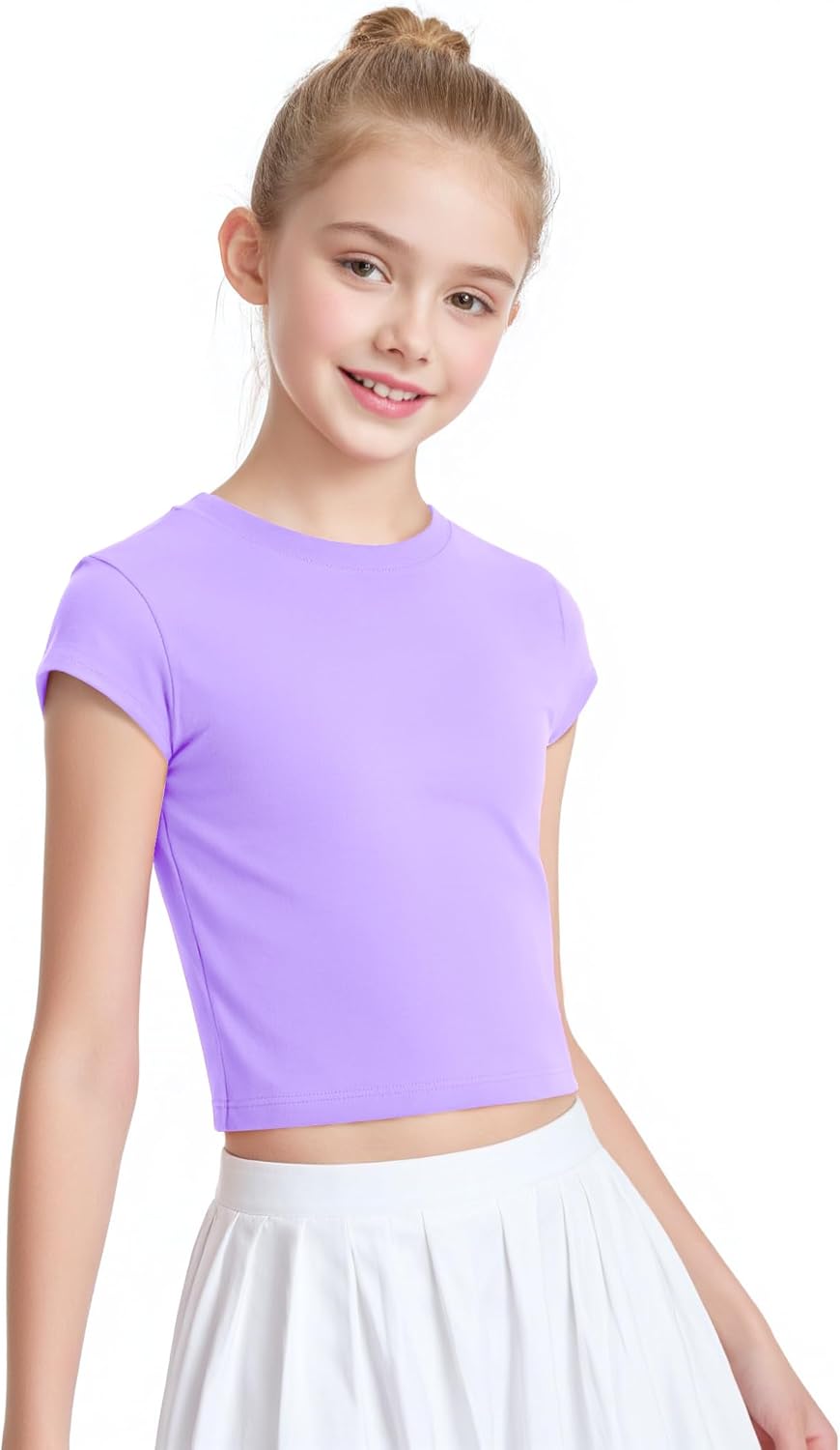 Auranso Girls Crop Tops Summer Short Sleeve Round Neck T Shirts Basic Tee for Kids