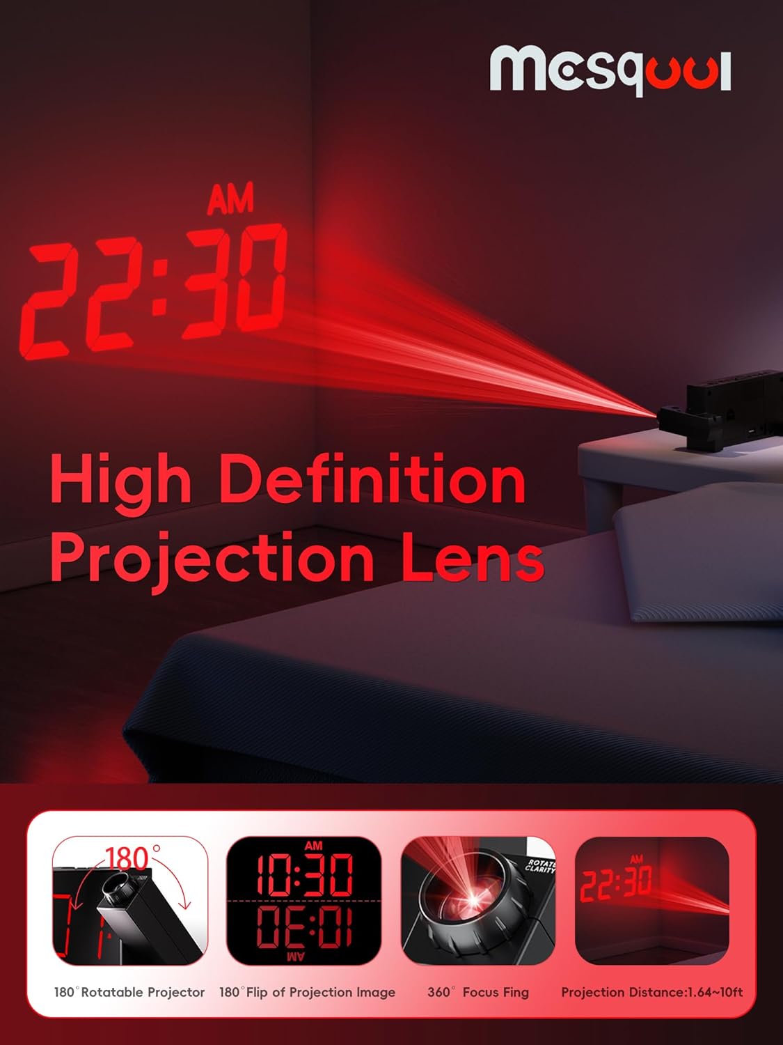 Projection Alarm Clock, Digital Clock with 180° Rotatable Projector, 5-Level Brightness Dimmer, Clear LED Display, USB Charger, Progressive Volume, 9mins Snooze,12/24H, for Bedroom