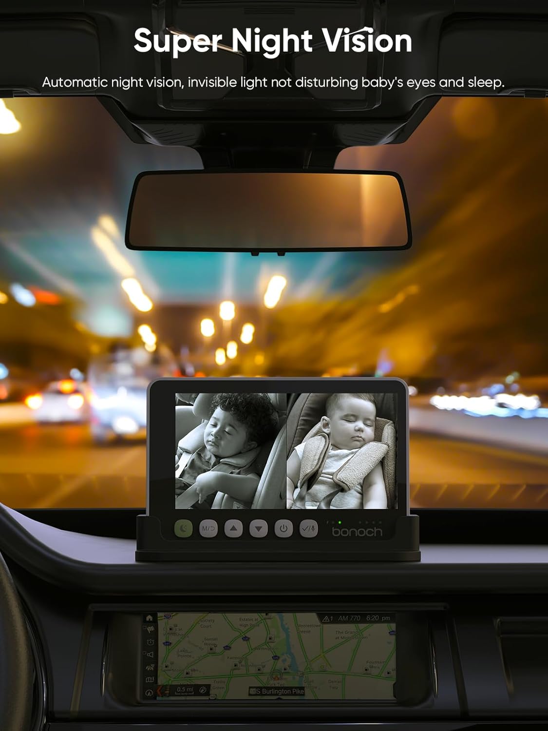 bonoch 5" 1440P Baby Car Camera for 2 Kids - 360° Rotating Adjustable Wide View Dual Cameras, Split Screen Night Vision Baby Monitor, Easy Install Rear Facing Backseat Mirror, USB Powered with Charger
