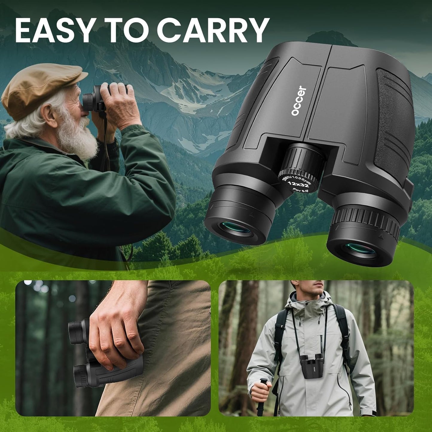 Occer 12x32 Compact Binoculars for Adults High Powered, Large Eyepiece Binocular for Kids - Easy Focus Binoculars for Bird Watching,Cruise Ship, Hunting,Travel,Sightseeing