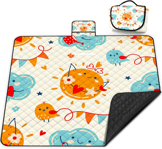 Poedist Extra Large Picnic Blanket Waterproof,80"x 80"Foldable Machine Washable Beach Blanket,Outdoor Blanket for 6-8 Adults,Suitable for Indoor Crawling,Park Beach,Camping,Hiking,Family Travel(Sun)