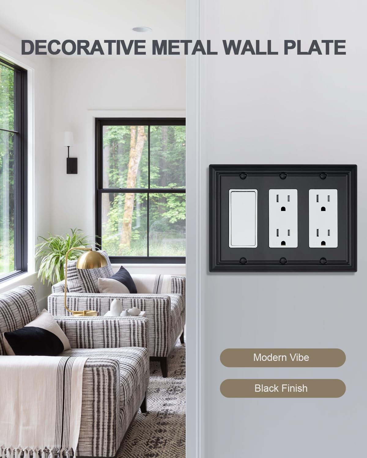 1-Pack Black Triple Decorator Outlet Covers, 3 Gang Wall Plates for Receptacle, GFCI Outlet, Dimmer Switch, Durable Metal, 6.77''*4.88'', Midsize