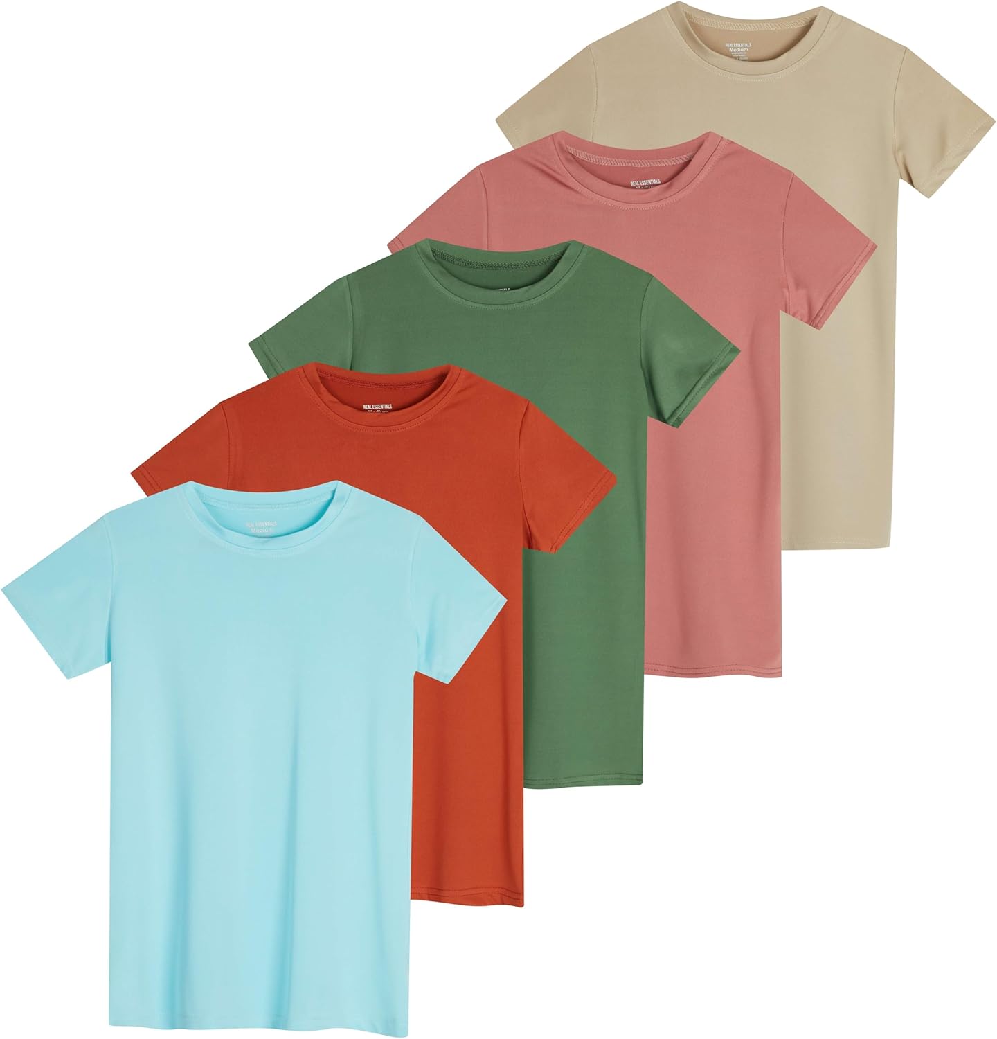 Real Essentials 5 Pack: Girls Short Sleeve Dry-Fit Crew Neck Active Athletic Performance T-Shirt