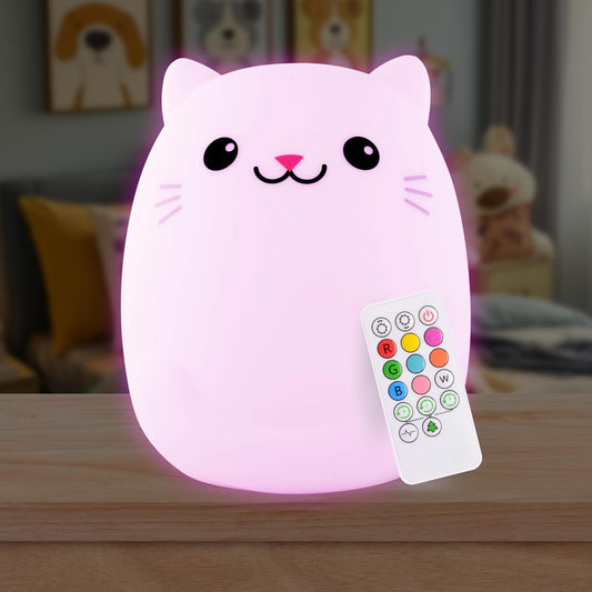 Lumipets Remote Control Silicone Night Light for Kids - Cat Design with 9 Soft Colors & Sleep Timer - Rechargeable, Battery-Operated Lamp for Bedroom | Baby Nursery, Toddler, Girls, Boys