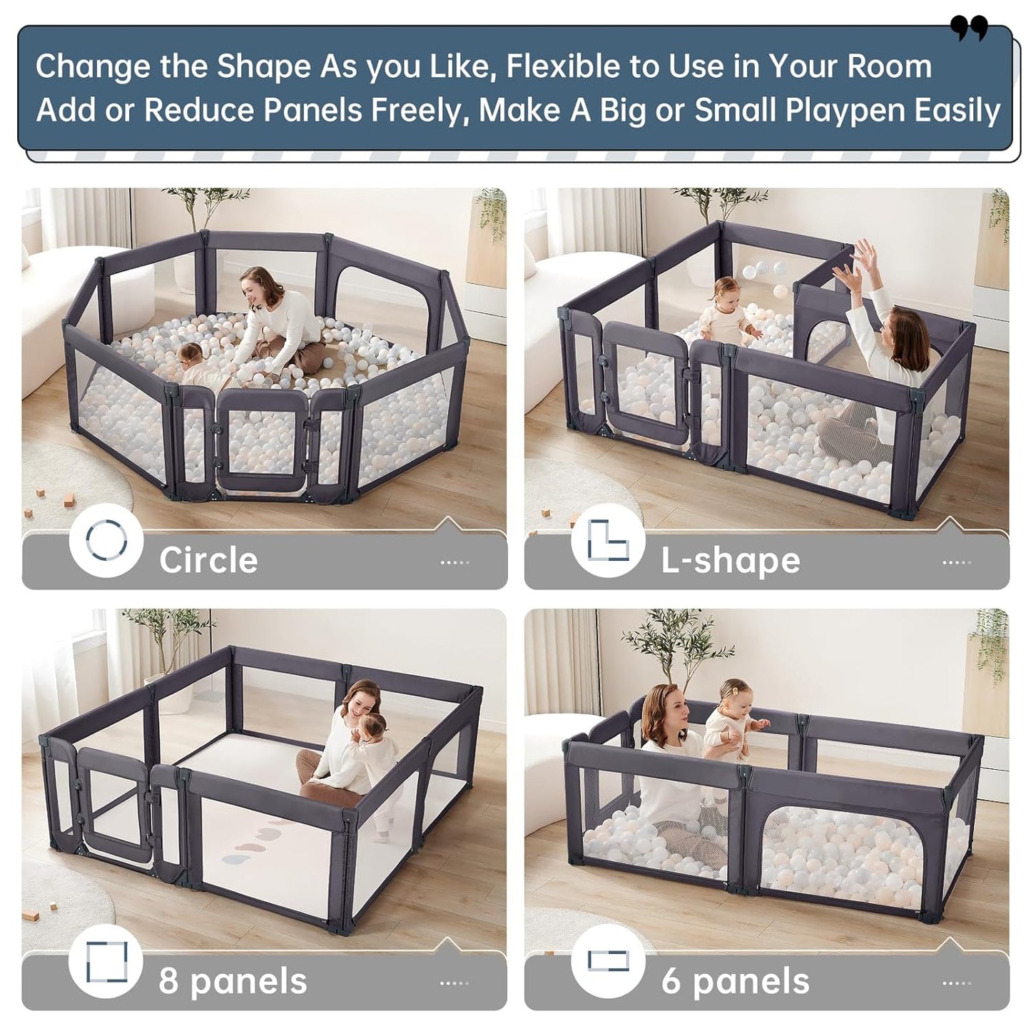 Baby Playpen,Large Play Pen for Babies and Toddlers with Door 79x71 Inch, Adjustable Playpen Non-Slip Suction Cups Base Safe and Sturdy, Indoor Outdoor Playard,Black