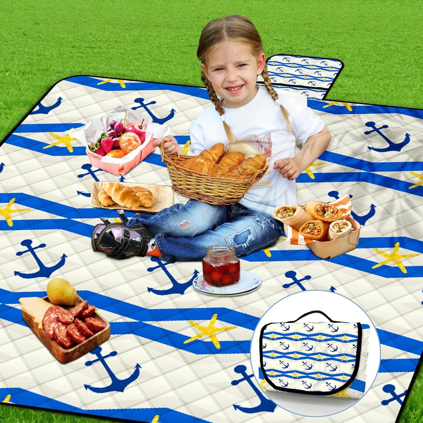 Poedist Extra Large Picnic Blanket Waterproof,80"x 80"Foldable Machine Washable Beach Blanket,Outdoor Blanket for 6-8 Adults,Suitable for Indoor Crawling,Park Beach,Camping,Hiking,Family Travel(Boat)