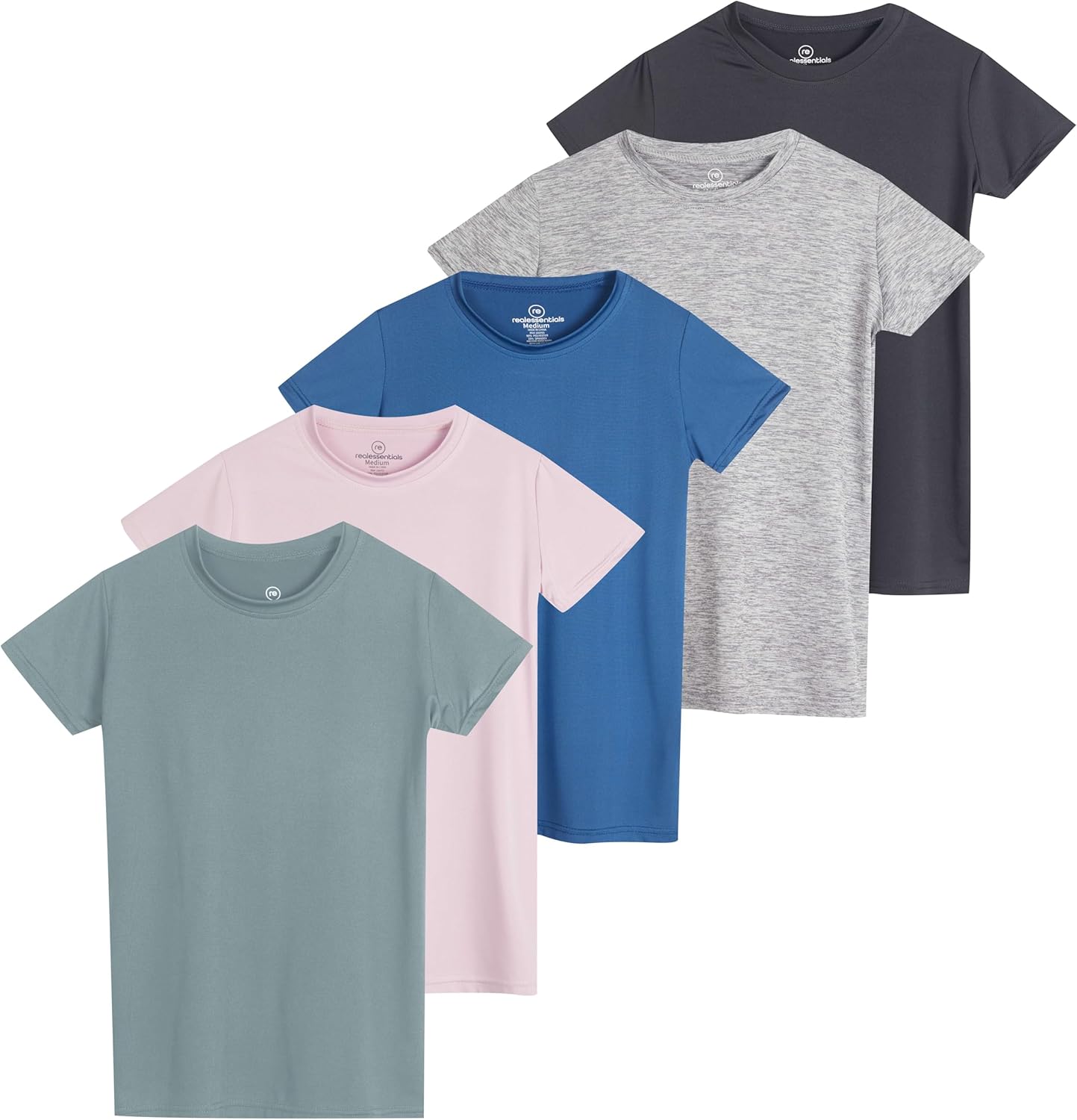 Real Essentials 5 Pack: Girls Short Sleeve Dry-Fit Crew Neck Active Athletic Performance T-Shirt