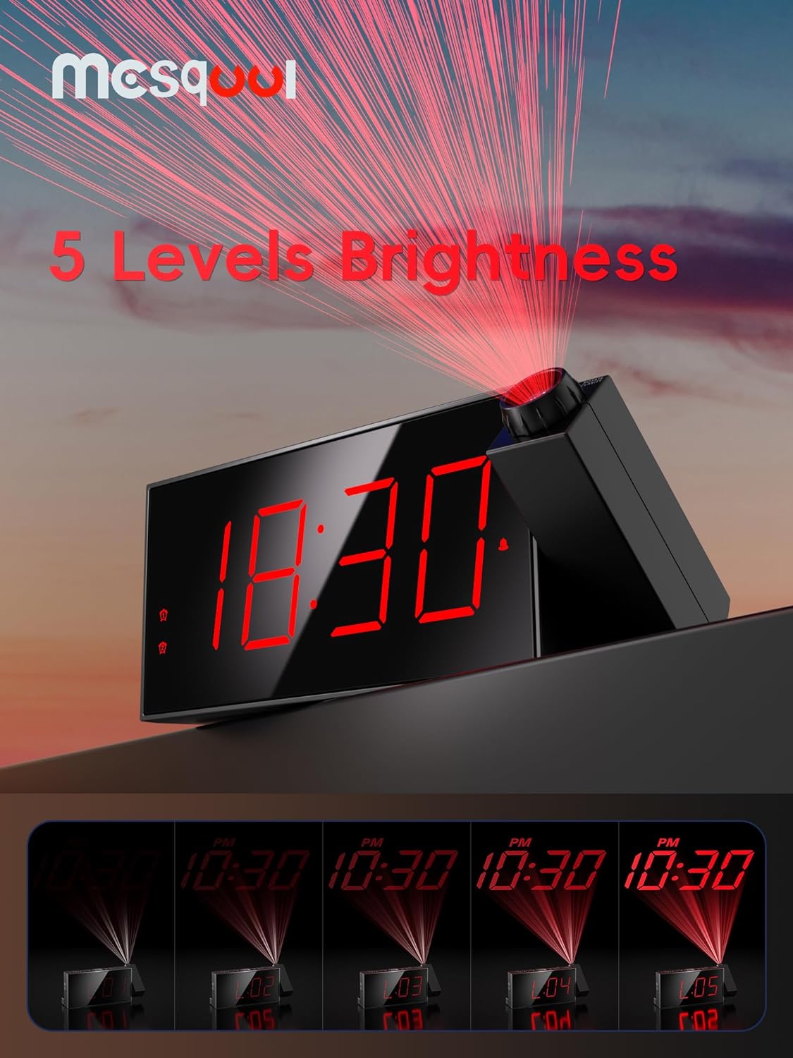 Projection Alarm Clock, Digital Clock with 180° Rotatable Projector, 5-Level Brightness Dimmer, Clear LED Display, USB Charger, Progressive Volume, 9mins Snooze,12/24H, for Bedroom