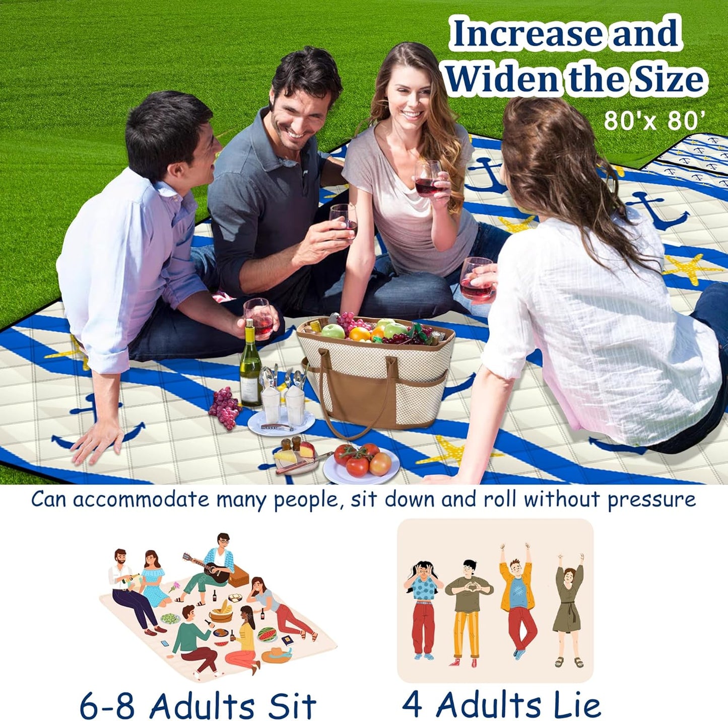 Poedist Extra Large Picnic Blanket Waterproof,80"x 80"Foldable Machine Washable Beach Blanket,Outdoor Blanket for 6-8 Adults,Suitable for Indoor Crawling,Park Beach,Camping,Hiking,Family Travel(Boat)