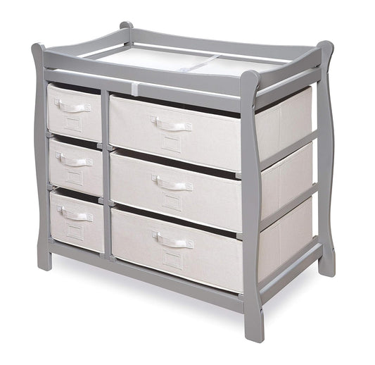 Badger Basket Sleigh Style Baby Changing Table - Diaper Station with 6 Removable Storage Baskets, Safety Rails, Pad, and Belt - Nursery Organizer - Gray/White